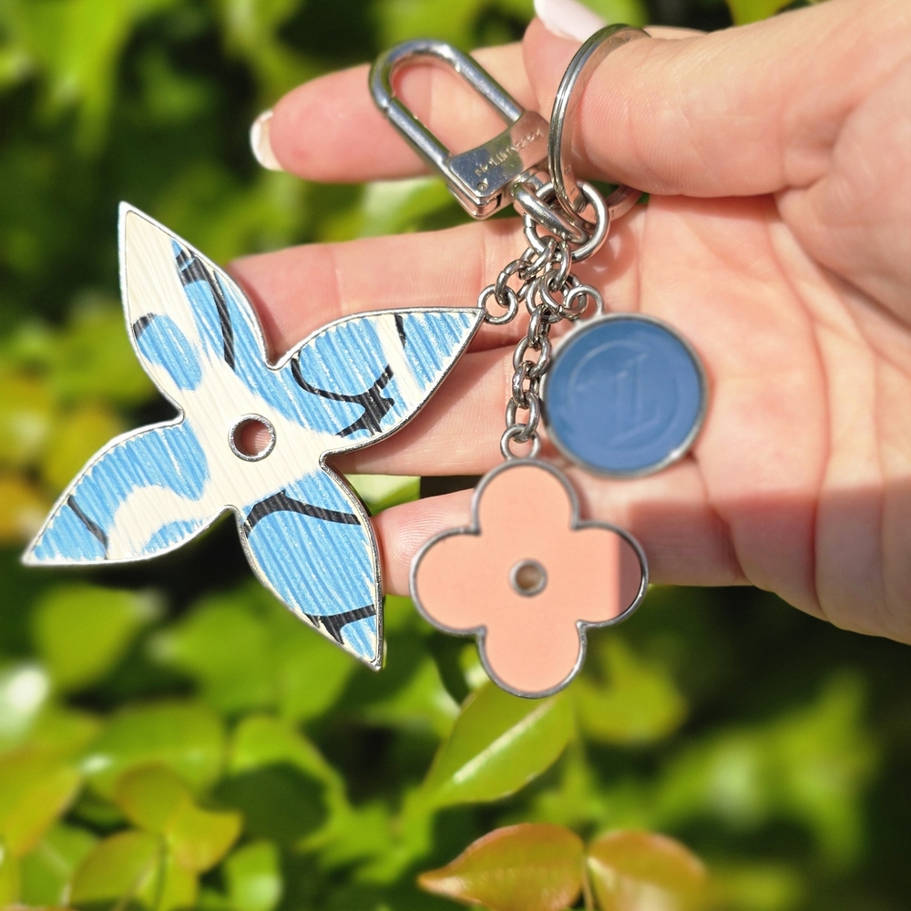 Louis Vuitton LV Epi Aqua Flower Bag Charm Keyring Keychain Blue X Pink